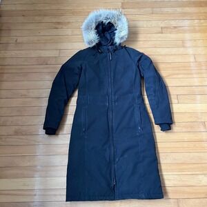 Canada Goose Mystique Parka Black Full Length Down Coat Fur Hood Small S/P